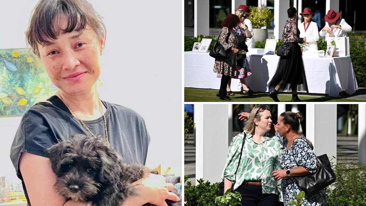 Jade Young with her beloved dog Teddy and (right) mourners at her memorial on April 23, 2024. Pictures supplied, AAP/Dan Himbrechts
